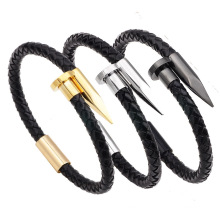 Anti-fatigue Black Stainless Steel Jewelry Accessories Women Vintage Nail Leather Bracelet